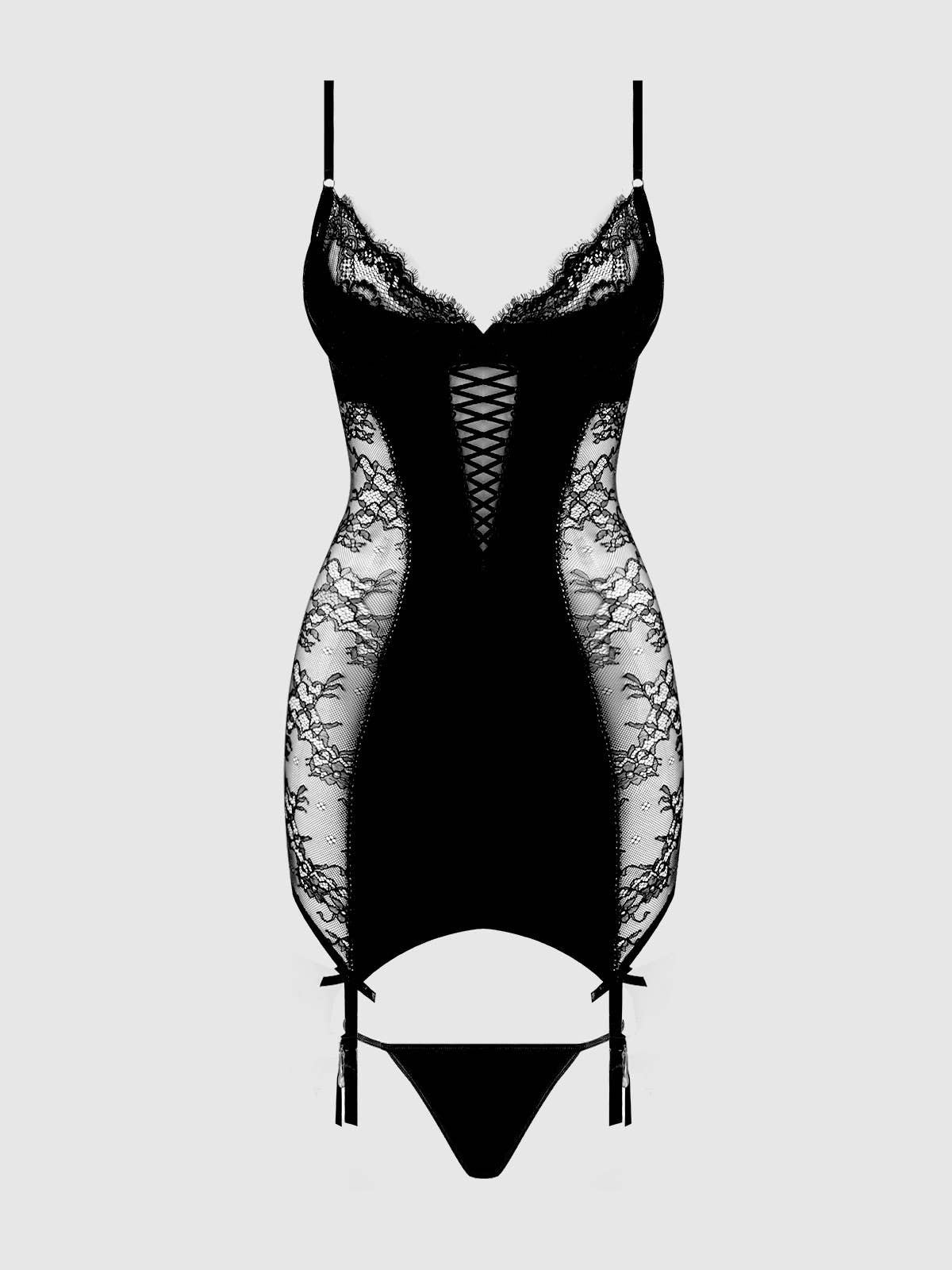 MADELINE SATIN & LACE PUSH UP CHEMISE & G-STRING SET: Black / 1X/2X